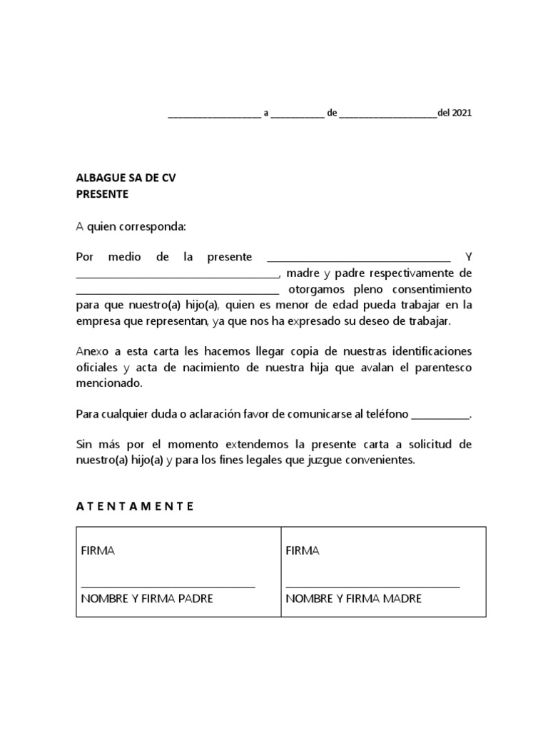 Carta Autorizacion Menores Pdf