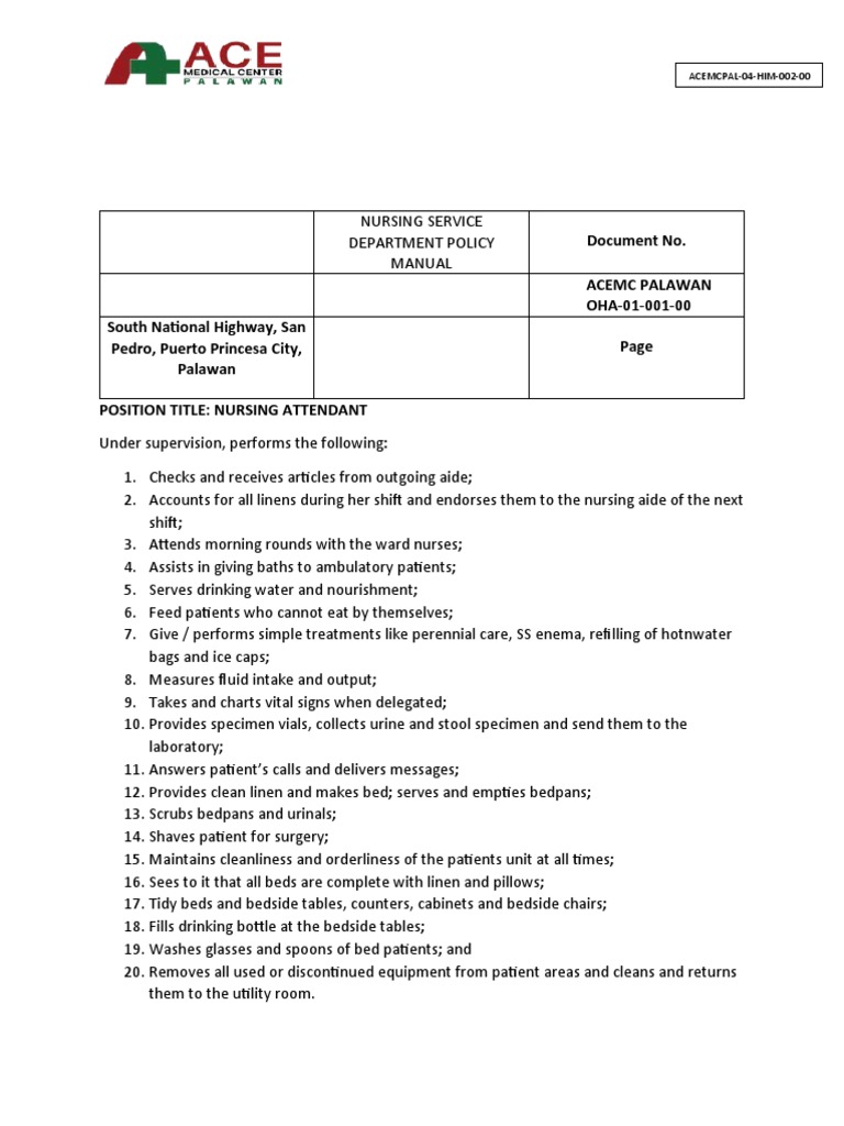 Nursing Attendant Job Description PDF