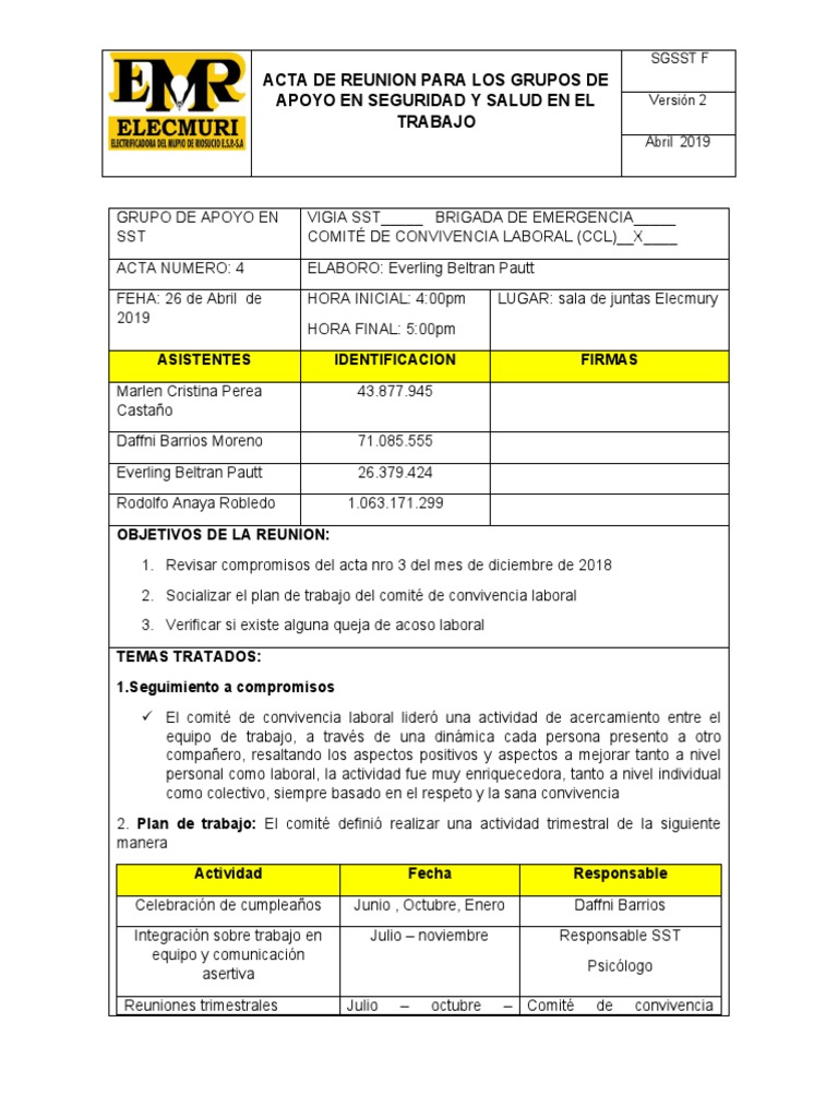 Acta de Reunión sobre SST y Convivencia Laboral | PDF | Crecimiento ...