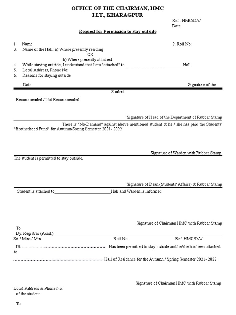 HMC Permission Request for Off-Campus Stay | PDF