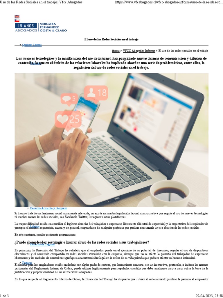 Uso de Las Redes Sociales en El Trabajo VFCC Abogados | PDF | Facebook ...
