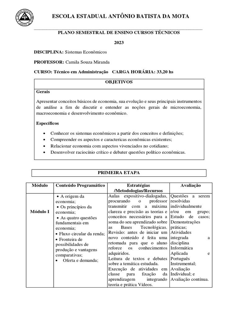 Plano de Ensino: Sistemas Econômicos 2023 | PDF | Carreira e ...