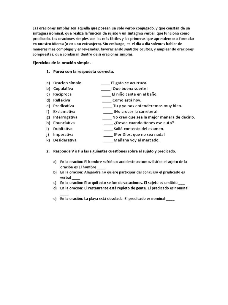 Ejercicios de Oraciones Simples | PDF | Artes del Lenguaje y ...