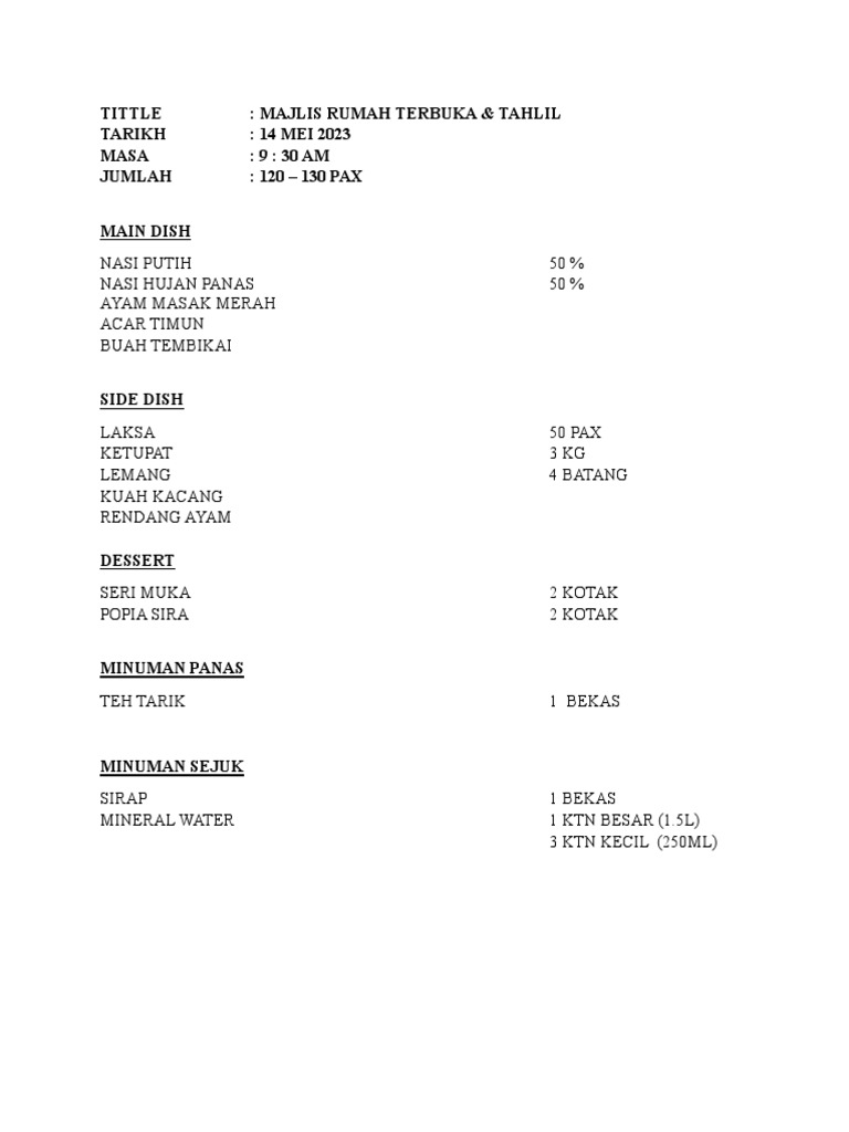 Menu Jamuan Raya 2023 | PDF