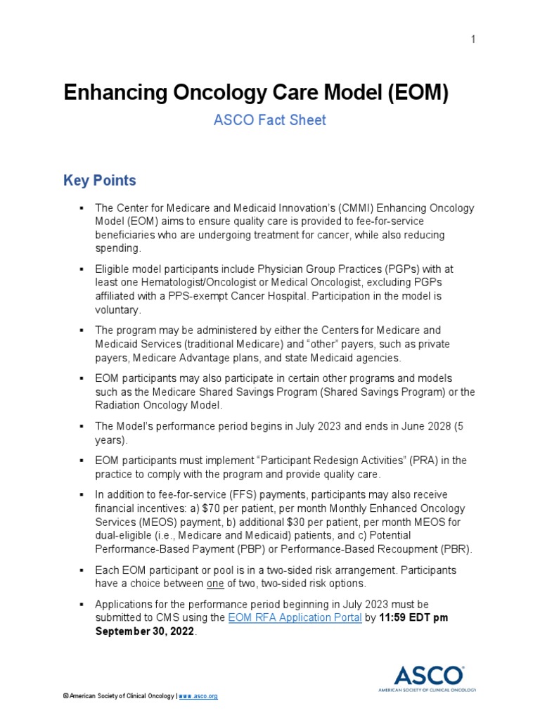 ASCO EOM Fact Sheet PDF Medicare (United States) Fee For Service