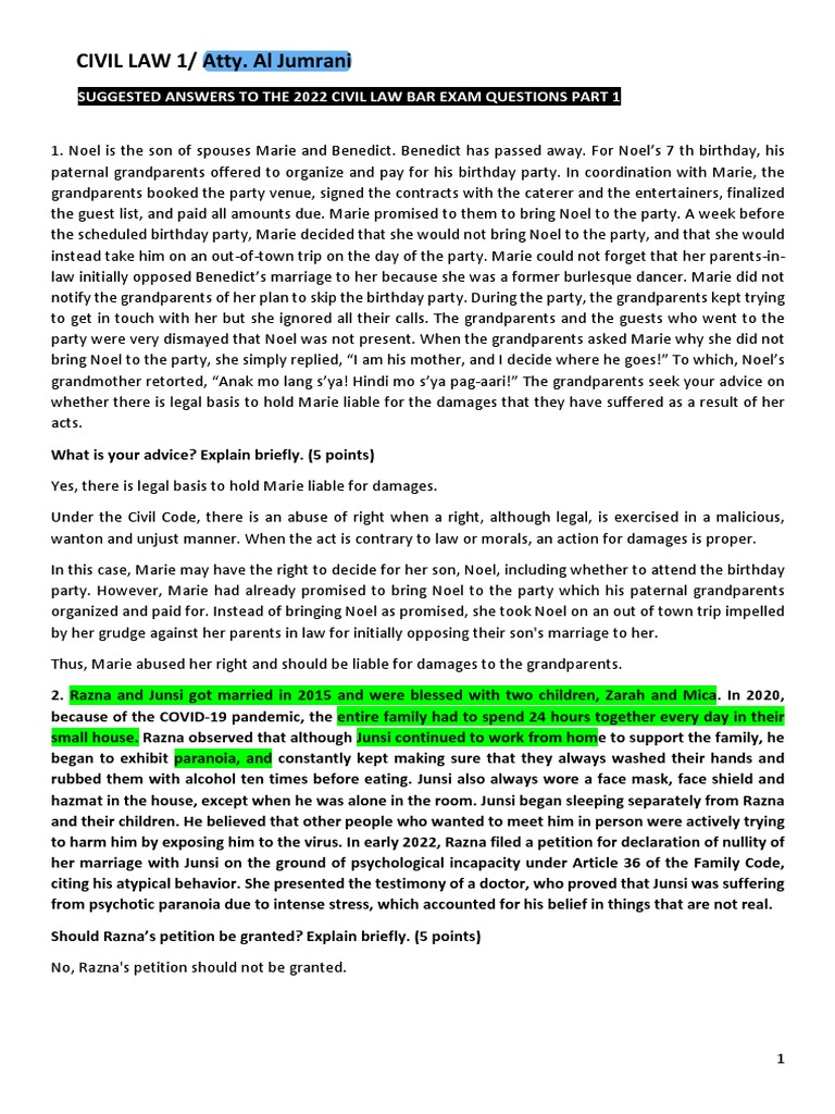 Suggested Answers To The 2022 Civil Law Bar Exam Questions Part 1 2