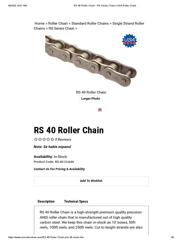 RS 40 Roller Chain Specifications | PDF | Machines | Mechanical Engineering
