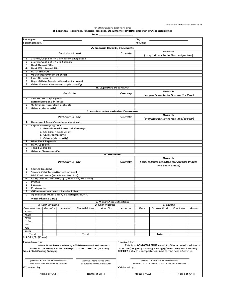 Barangay Final Inventory and Turnover | PDF | Business | Financial Services