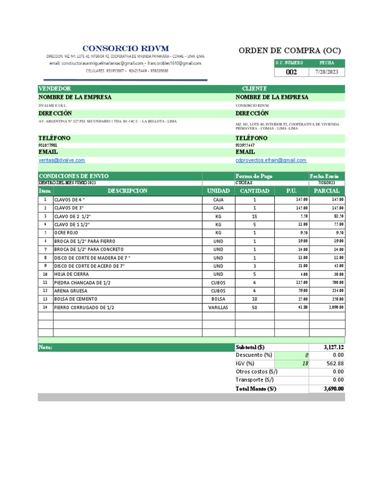 Orden de Compra Dvalme E.I.R.L. 2023 | PDF