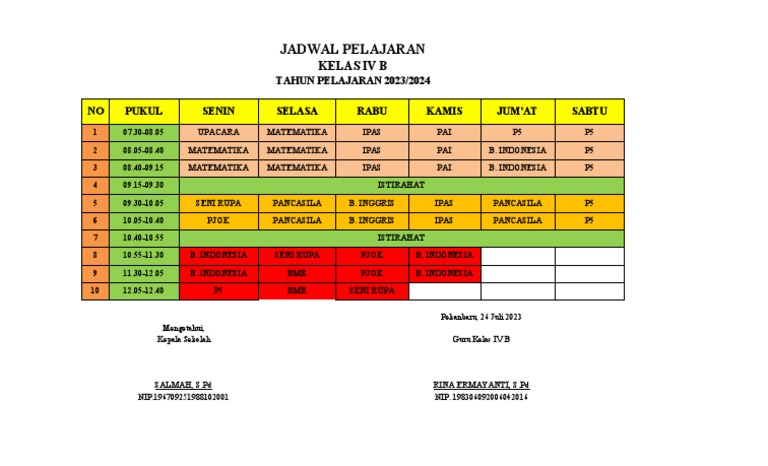 Jadwal Pelajaran Kelas Iv B 2023-2024 | PDF