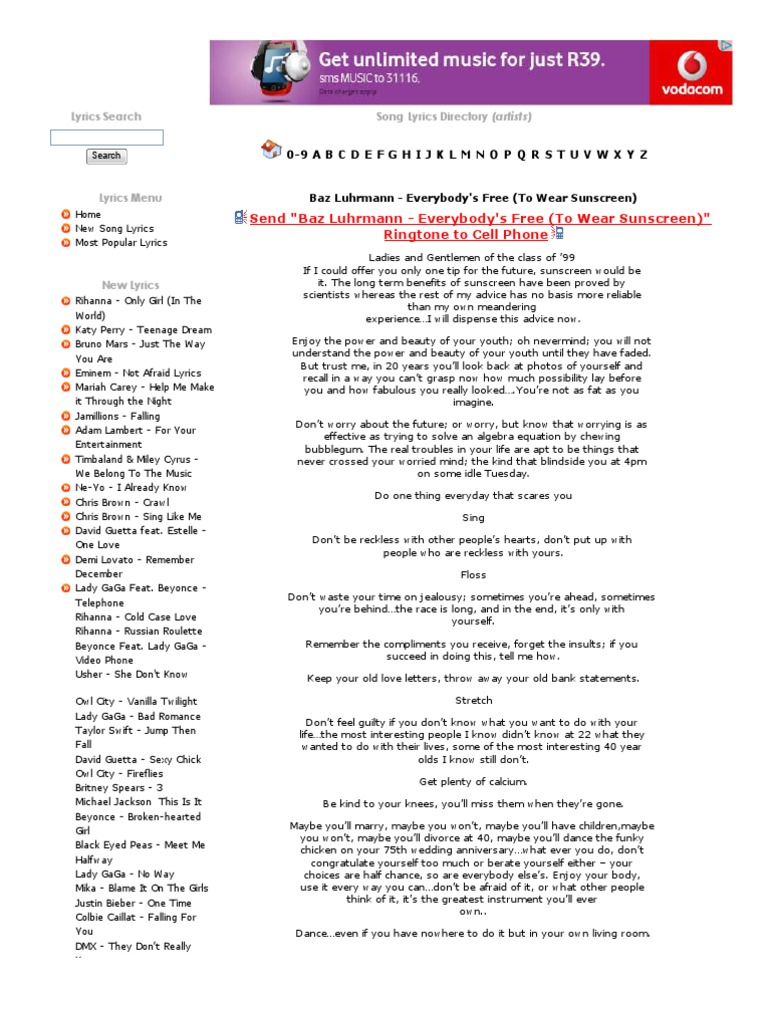 Baz Luhrmann - Everybody's Free (To Wear Sunscreen) | PDF | Jay Z | Beyoncé for Everybody S Free To Wear Sunscreen Lyrics Printable