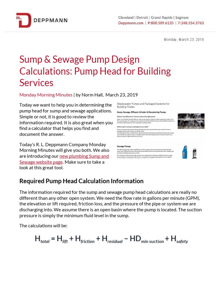 RLD MMM 3 23 20 Sump Sewage Pump Design Calculations Pump Head Building Services 1 PDF