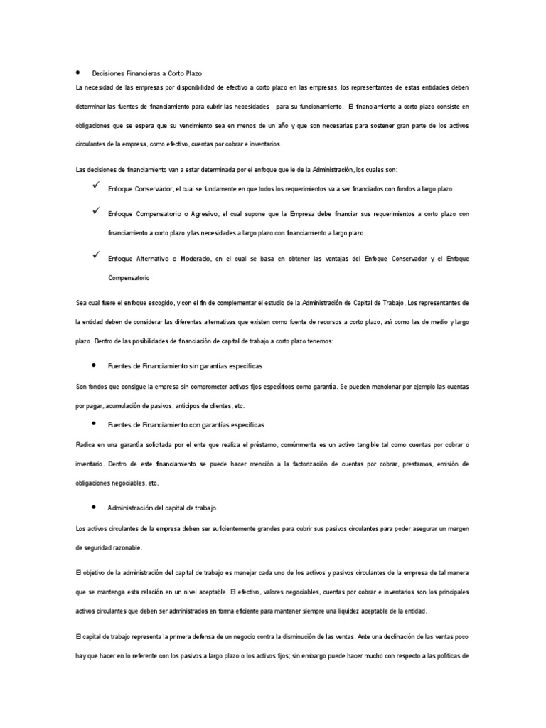 Decisiones Financieras A Corto Plazo | PDF | Capital de trabajo | Business