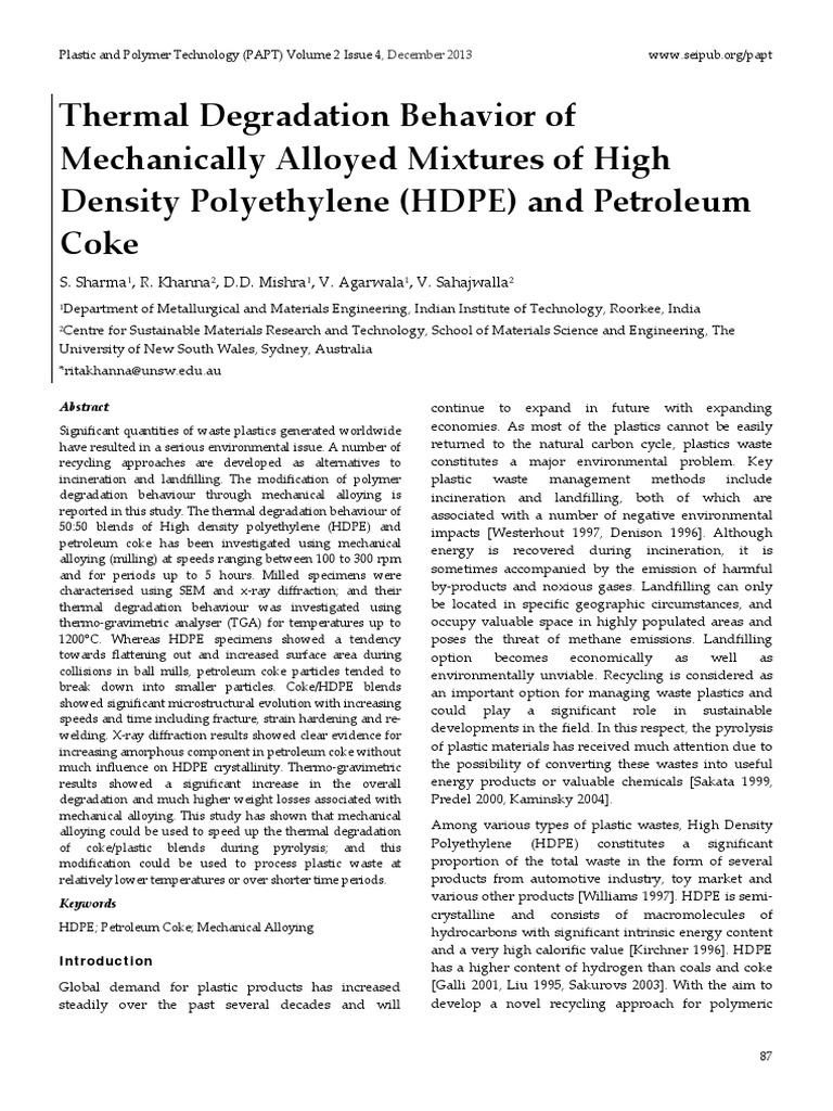 S. Sharma, 2013. Thermal Degradation Behavior of Mechanically Alloyed