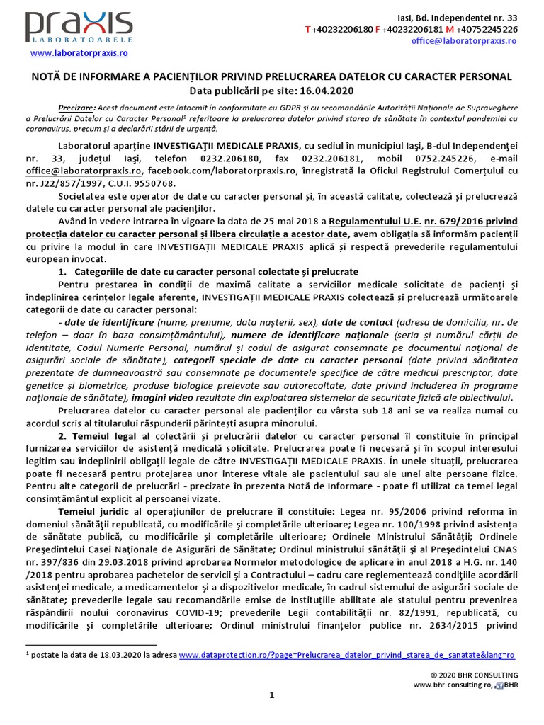Dpo 16-04-2020 Nota Informare Pacienti | PDF