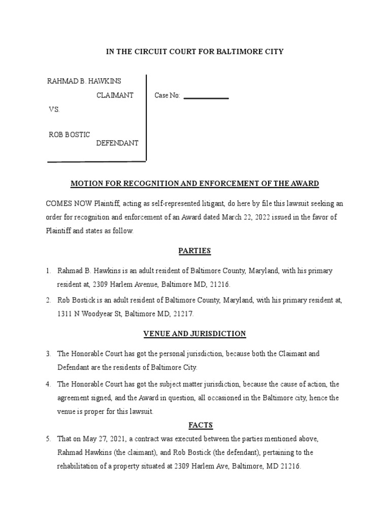 Motion For Enforcement of Arbitration Award | PDF