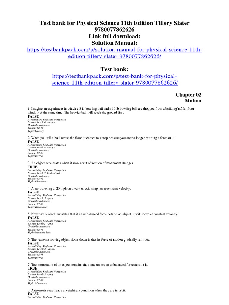 Physical Science 11th Edition Tillery Slater Test Bank PDF