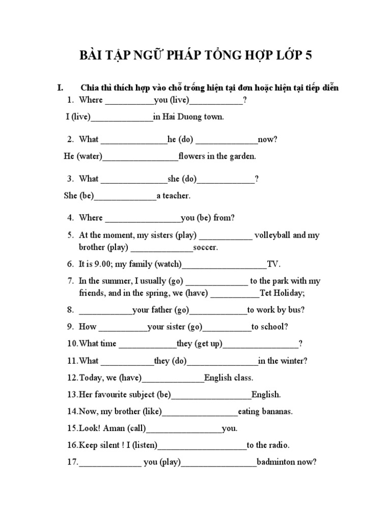 BÀI TẬP NGỮ PHÁP TIẾNG ANH LỚP 5 NÂNG CAO