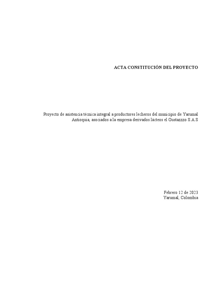Formato Acta de Constitución Del Proyecto V1 | PDF | Leche | Presupuesto