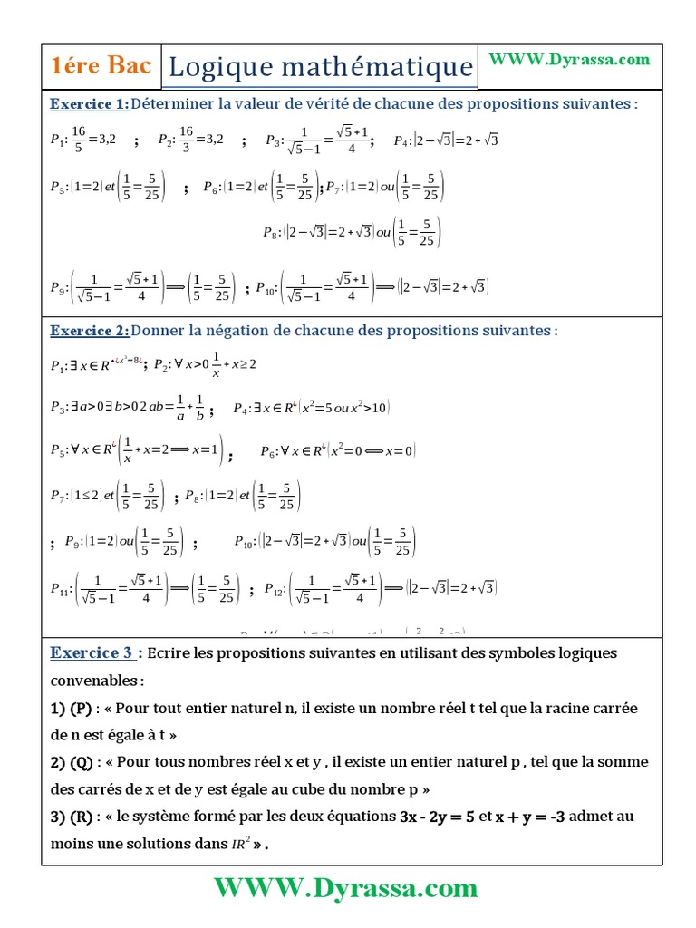 Exercices de logique mathématique 1 Bac | PDF