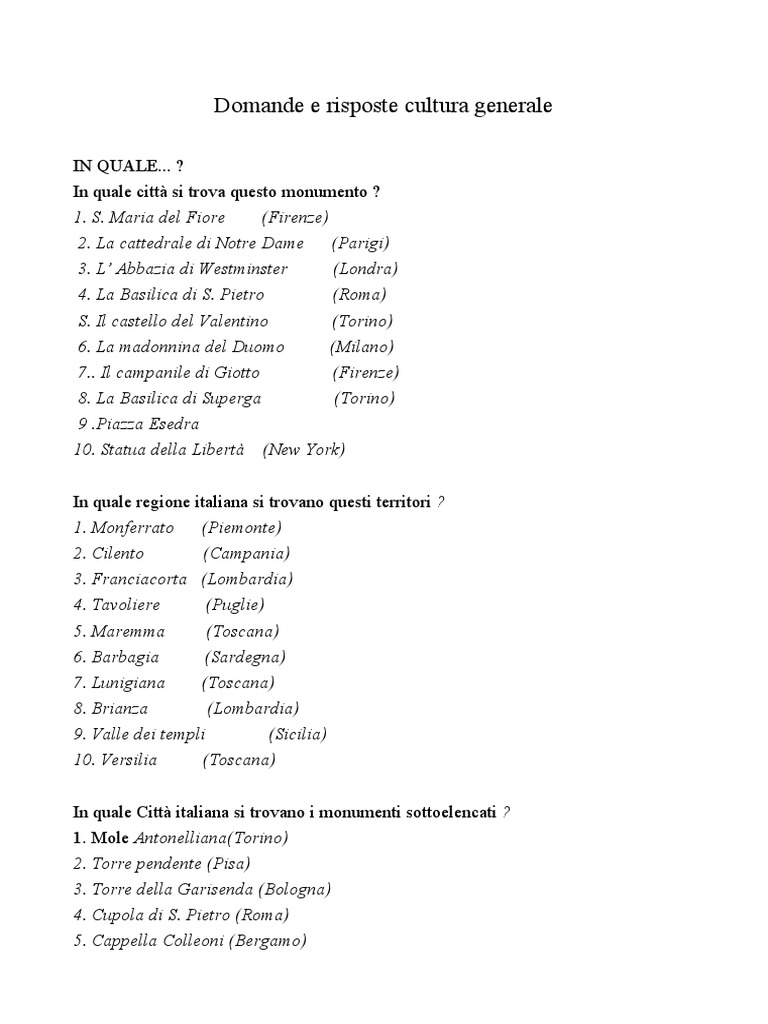 Domande e Risposte Cultura Generale | PDF