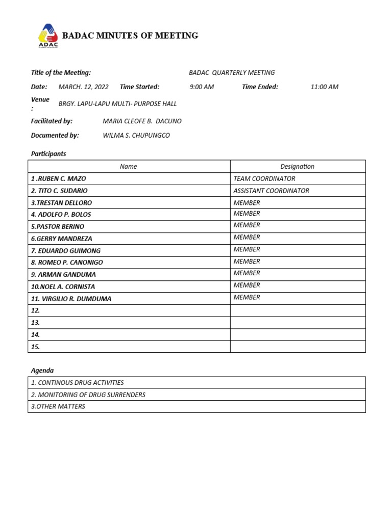 Badac form minutes of meeting lapu lapu pdf
