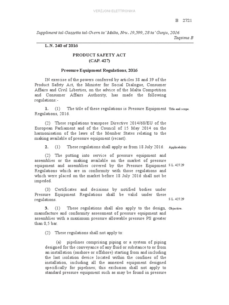L.N. 240 of 2016 Pressure Equipment Regulations PDF Pipe (Fluid
