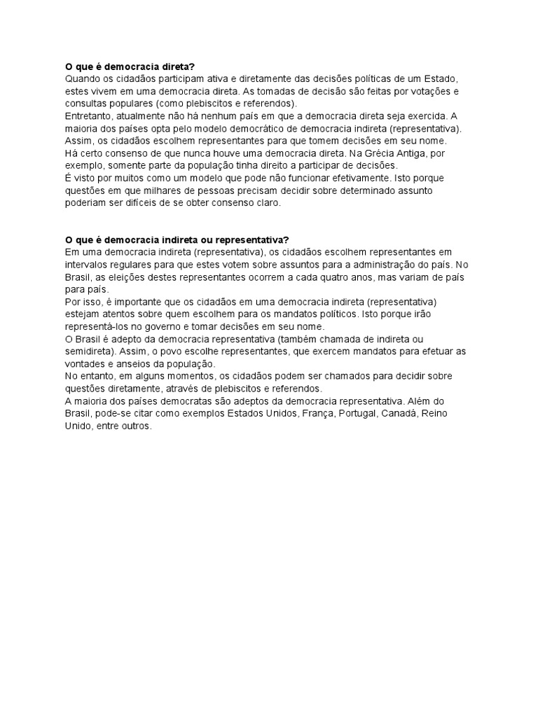 Democracia Direta e Indireta | PDF