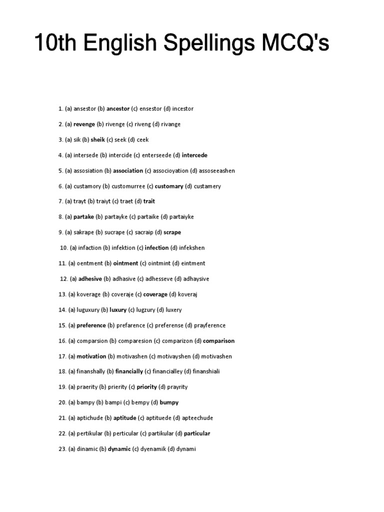 10th English Spellings For Preparations | PDF