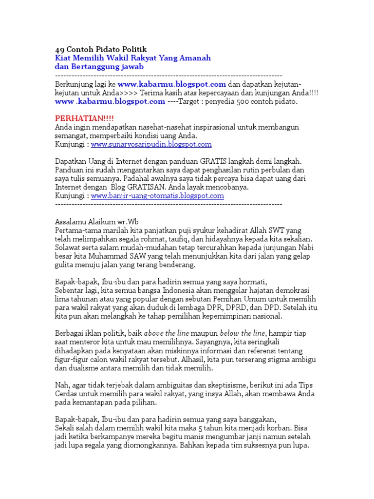 49 Contoh Pidato Politik Kiat Memilih Wakil Rakyat Yang Amanah Dan