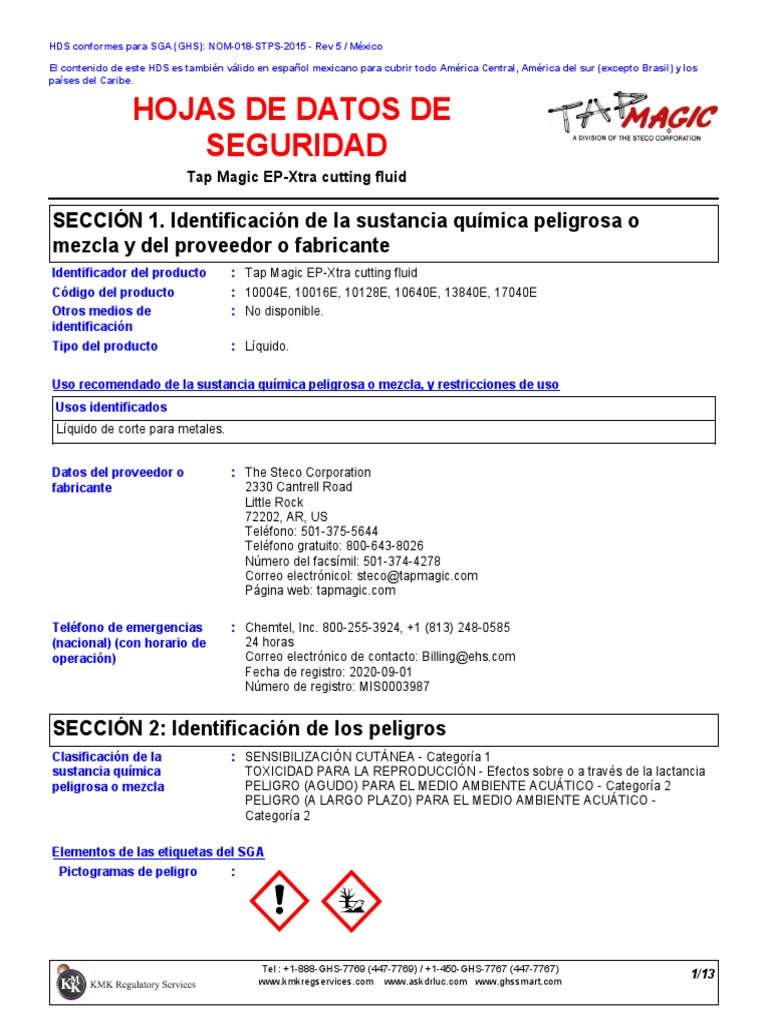 Hoja de Seguridad Tap Magic EP-Xtra | PDF | Solubilidad | Agua