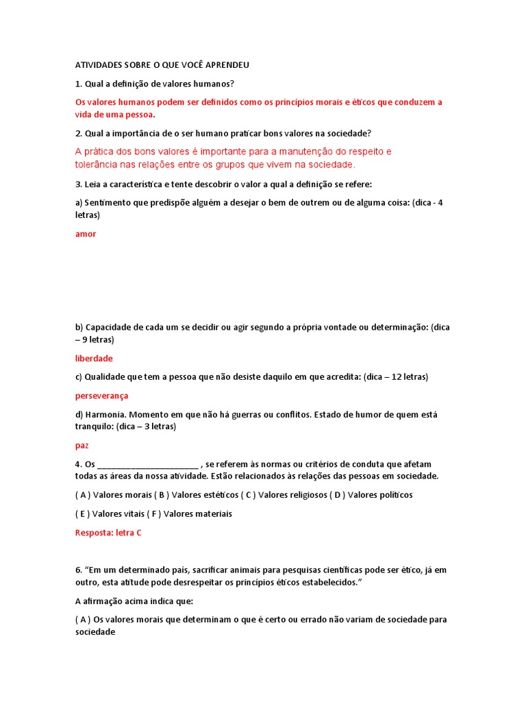 Atividades Sobre o Que Você Aprendeu | PDF