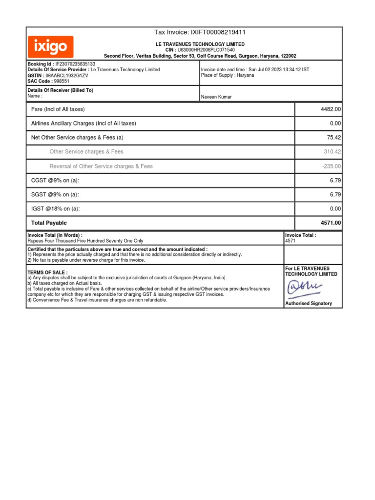 Tax Invoice for Le Travenues Services | PDF