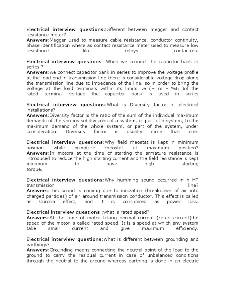 Electrical Interview Questions PDF Electric Power Transmission