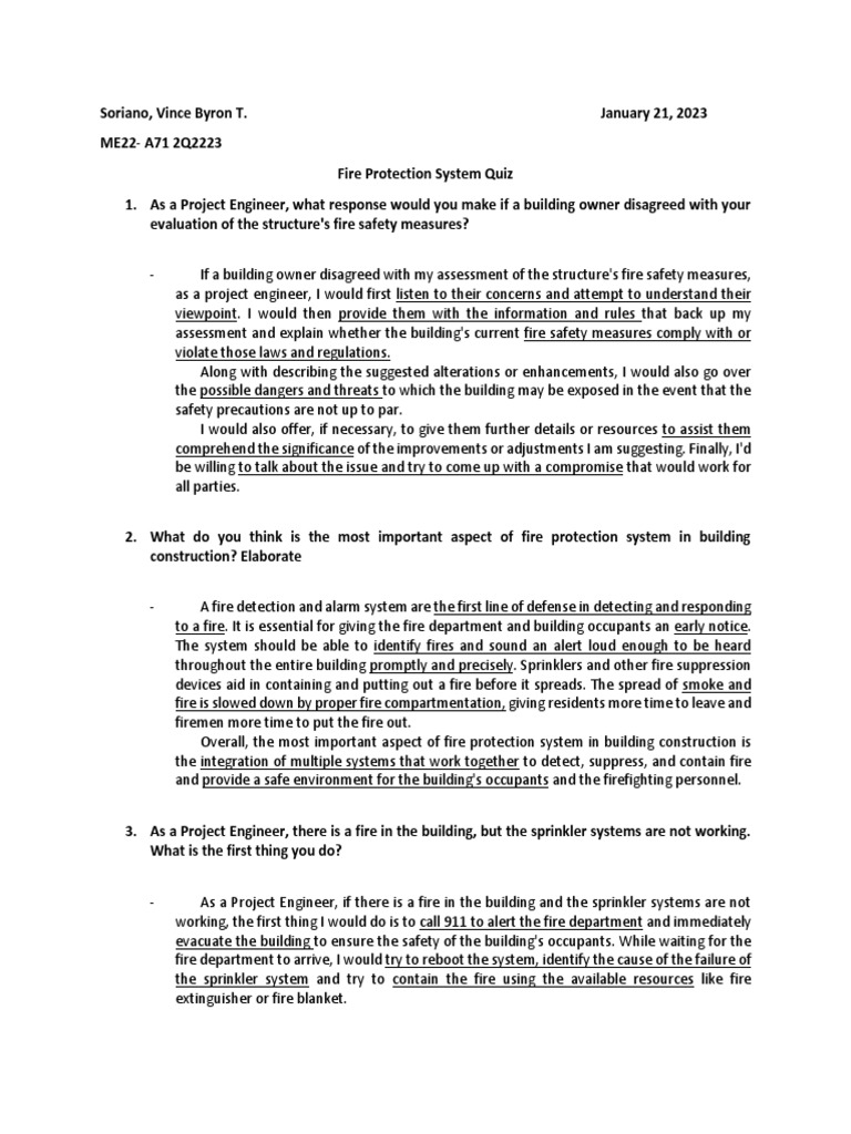 Fire Protection System Quiz PDF