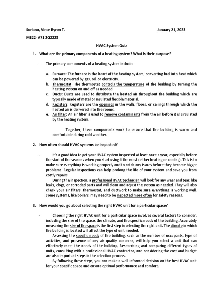 HVAC System Quiz PDF Duct (Flow) Electromechanical Engineering