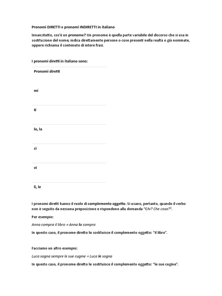 Pronomi DIRETTI e Pronomi INDIRETTI in Italiano PDF
