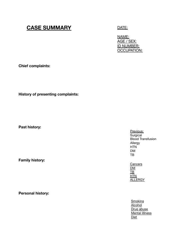 Case summary for case sheet PDF