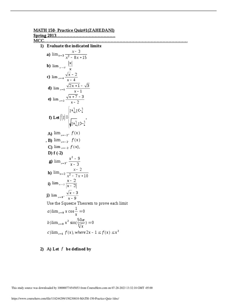 MATH 150 Practice Quiz 1 | PDF