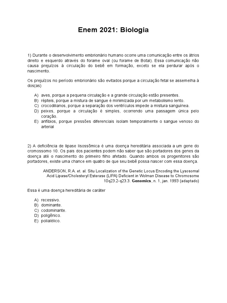 Questões de Biologia para o Enem 2021 | PDF | Código genético | Enzima