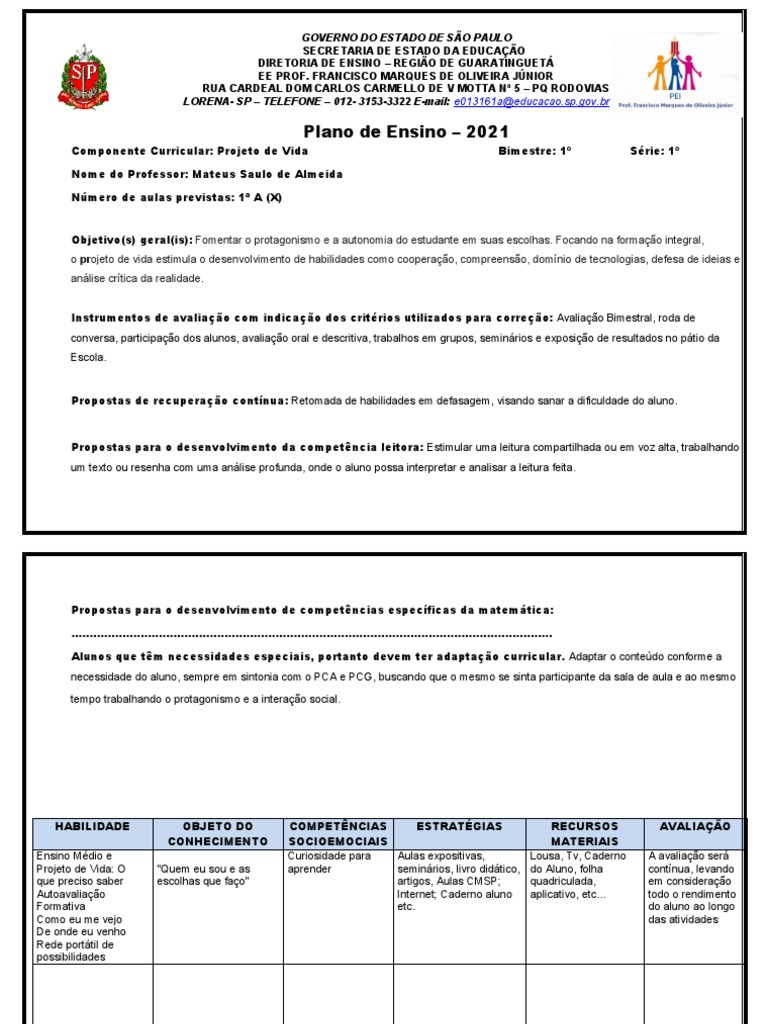 Plano de Ensino: Projeto de Vida 2021 | PDF