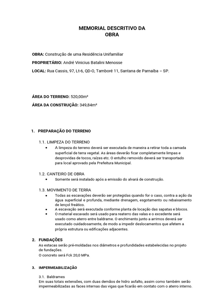 Memorial Descritivo Da Obra | PDF