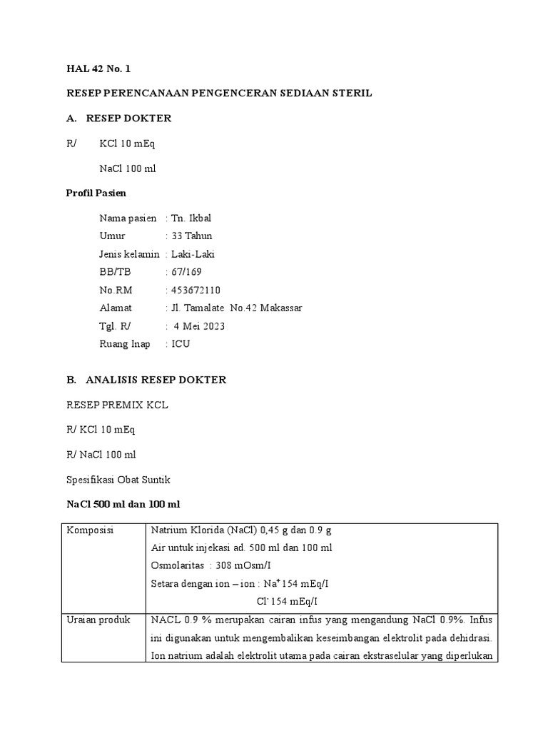Resep Pengenceran KCl untuk Infus | PDF