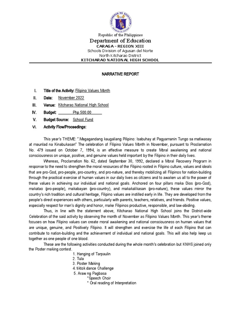 School-Activity-Narrative-Report-on-FilipinoValuesMonth Edited | PDF ...