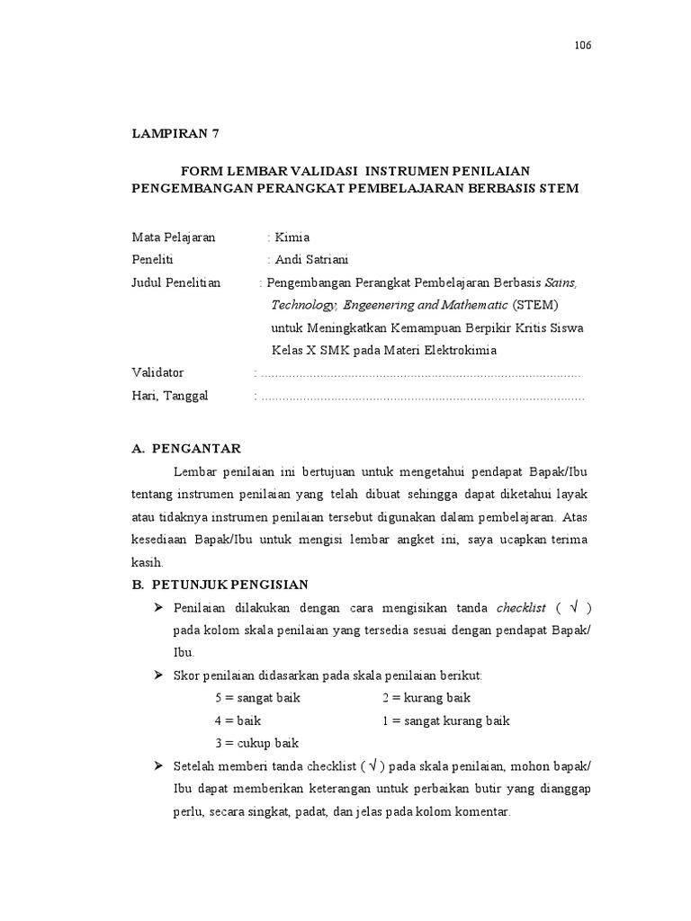 Validasi Instrumen STEM Kimia SMK | PDF