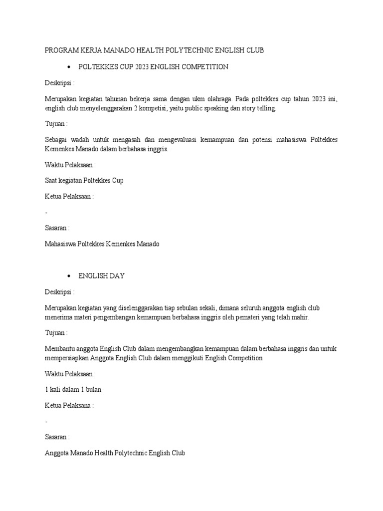 Program Kerja Manado Health Polytechnic English Club 20232024 PDF