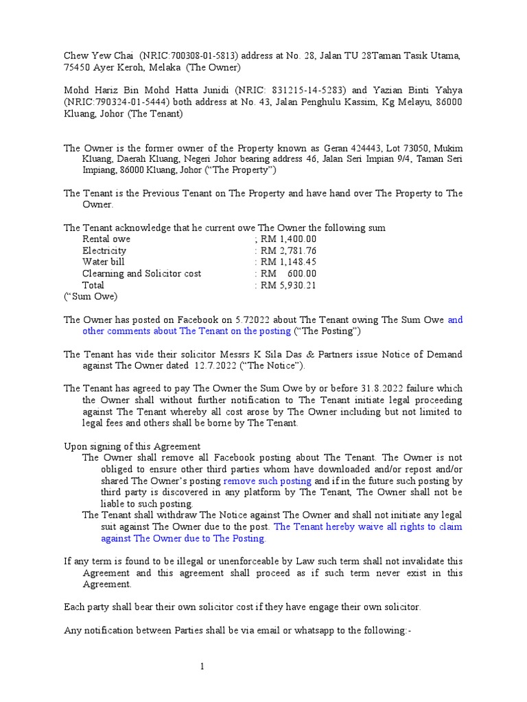 Settlement agreement 1 pdf business law common law
