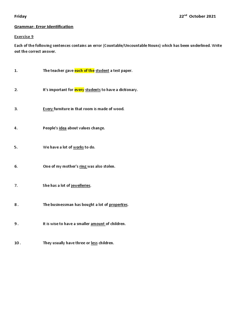 Exercise 9 Friday 22 October 2021 Grammar Error Identification Pdf