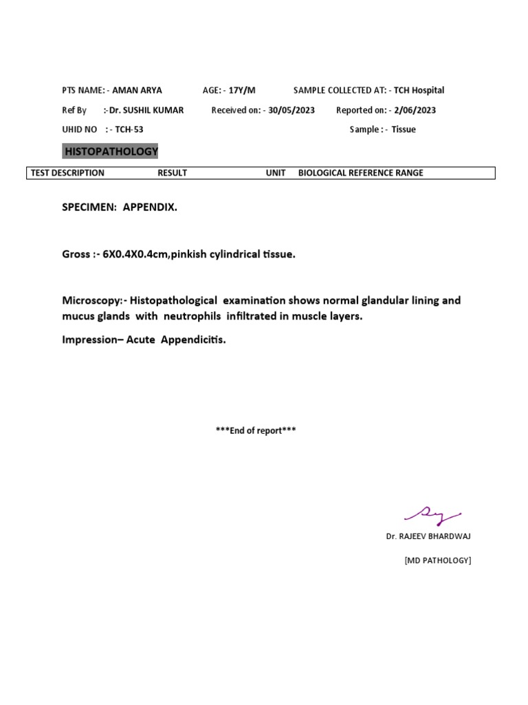 Appendix Biopsy Report: Normal Findings | PDF | Science & Mathematics