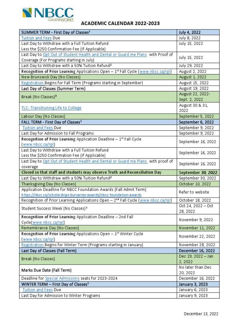NBCC Academic Calendar 2022-2023 | PDF